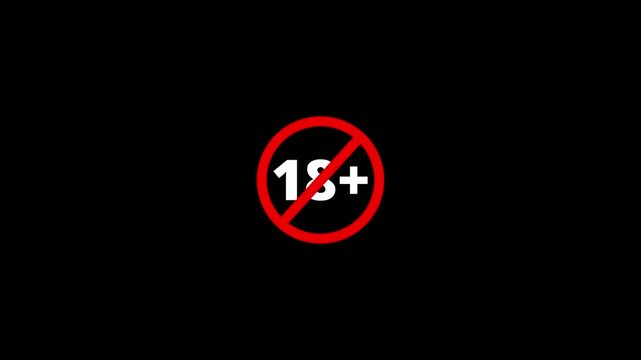 18 plus icon sign animation on black background. 18+ not allowed logo animation. 18 Plus movie icon. 4k video..