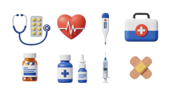Medical icons stethoscope heart thermometer first aid kit isolated on a transparent background