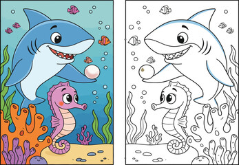 Cute cartoon shark and seahorse underwater scene with corals, fishes, and bubbles in colorful and black-and-white outline style for kids coloring book page illustration