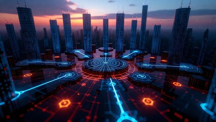  Floating above obsidian skyscrapers, a luminous 3D grid map pulses with real-time energy flow data