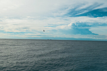 Obraz premium Serene ocean view with blue skies, calm water reflecting clouds, ideal for tranquility or nature-themed content placement.