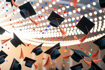 Gradution Cap with Confetti Background, Graduation Day Concept Flying graduation caps on the air with golden confetti for graduates colleges party