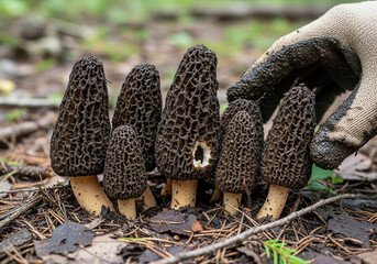 A cluster of dark morel mushrooms with their distinctive honeycomb caps growing on the forest floor, with a gloved hand reaching to harvest them.