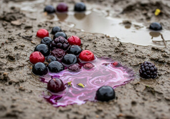 A pile of ripe berries, including blackberries and cherries, crushed on muddy ground with purple juice seeping out.