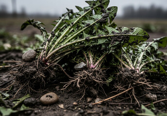 Close-up shot of freshly uprooted dandelions with visible roots and soil, outdoors.