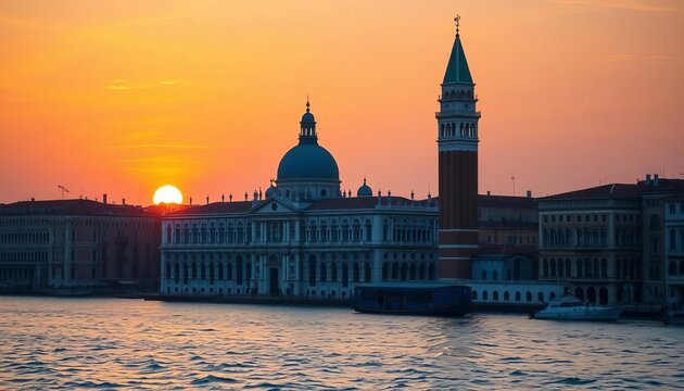 Sunrise illuminates St Mark's Basilica and Campanile, Venice,  photograph,  heritage