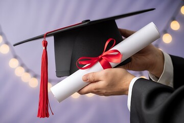 Male hands with graduation hat and diploma on lilac background