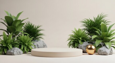 Natural display pedestal amidst lush foliage and rocks