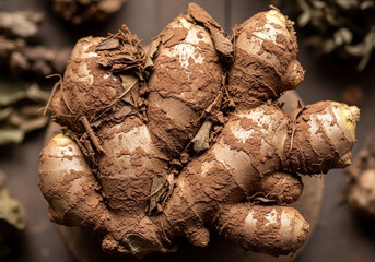 A close-up, overhead shot of a cluster of freshly harvested ginger roots covered in rich, dark soil.
