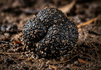 A close-up shot of a dark, textured black truffle partially covered in moist soil and dirt, lying on the ground in a natural setting.