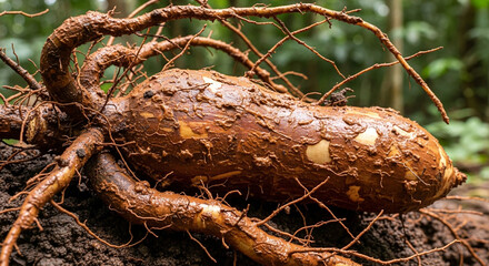 A large, brown, tuberous root vegetable with many thin, fibrous roots emerging from it, resting on dark soil.