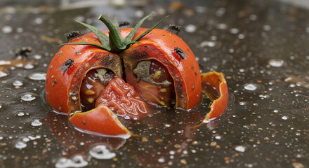 Close-up of a decaying tomato, split open, surrounded by water, with flies present.