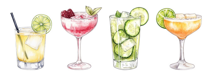 A set of watercolor cocktail illustrations. Lime cocktail with ice, a raspberry cocktail with mint, a cucumber-infused drink, and a citrus margarita.