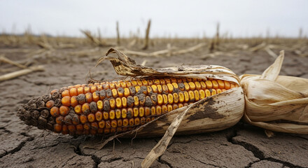 Close-up of a single ear of corn lying on cracked, dry earth in a field.
