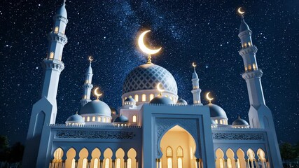 A beautiful mosque illuminated at night with a crescent moon and stars in the sky.