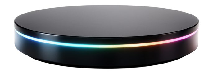 Illuminated circular stage platform with reflective floor.