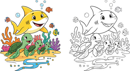 Cute cartoon shark with baby sea turtles under the ocean