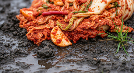 Vibrant red kimchi, a traditional Korean fermented dish, spilled onto dark, wet soil with small puddles and green grass.
