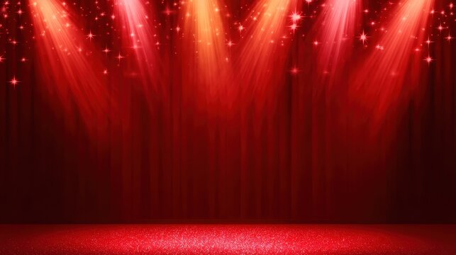 Glittering particles and spotlights on red carpet stage, festive for various applications. Ideal for online and print media.