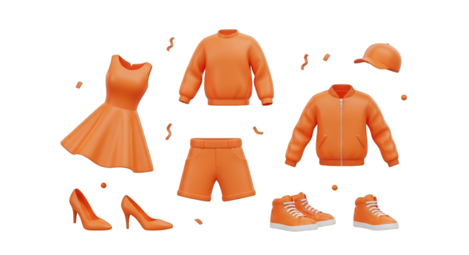 Orange clothing and shoes collection isolated on a transparent background fashion dress