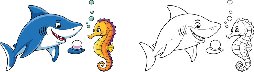 Friendly Cartoon Shark and Seahorse with a Pearl