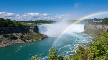 Niagara Falls with rainbow mist rising above, bright sunlight, lush greenery and dramatic perspective