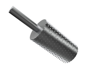 High-resolution, isolated Precision Industrial Grater Blade: Durable stainless steel cylindrical roller, sharp teeth. Ideal for heavy-duty food processing machinery and modern kitchen appliance design