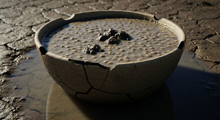 Close-up shot of a cracked bowl filled with a thick, textured, muddy substance.