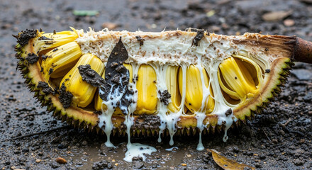 A cut jackfruit with its yellow fleshy pods and sticky white latex dripping onto the muddy ground.