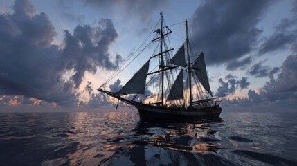 Obraz premium Silhouetted sailing ship at sea, dramatic sunset