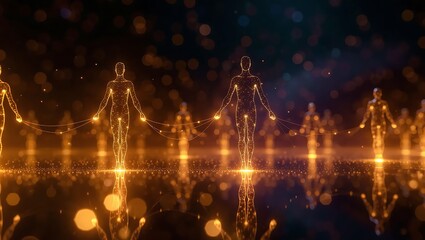  Floating translucent human figures composed of swirling stardust glow softly against a twilight cosmic backdrop