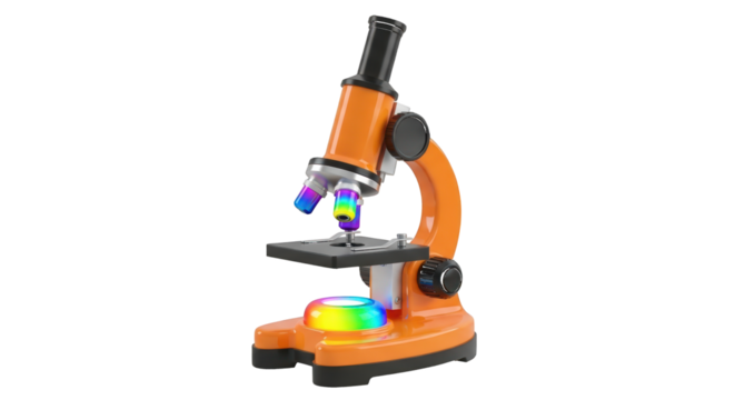 Orange microscope with rainbow light illumination isolated on a transparent background science