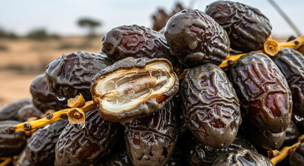 A close-up shot of a cluster of ripe, dark brown dates hanging from a stem, with one date split open to reveal its texture and pit.