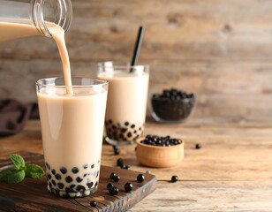 Beverage pouring into glasses of tapioca pearls
