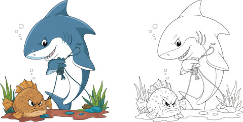 Playful Cartoon Shark Teasing an Angry Pufferfish with a Rope