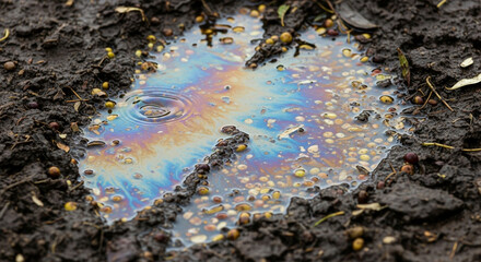 Iridescent oil slick on a muddy puddle with small seeds on dark soil.
