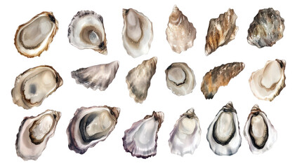 A collection of various oyster shells unique shapes. colors. and textures. arranged artistically on a white background. perfect for culinary or marine-themed projects