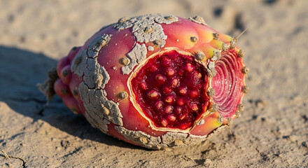 Close-up view of a vibrant, partially eaten prickly pear fruit resting on the ground.