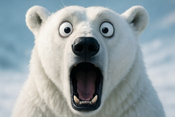 Close-up of a cartoon polar bear with funny shocked, appearing surprised or shocked against a snowy background.