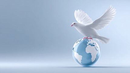 peace dove flying above globe, clean white background, minimal symbolic composition, soft natural light