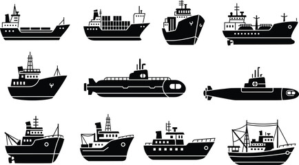 Obraz premium Ship and submarine icon set, black silhouette illustrations, cargo ship, fishing boat, passenger vessel, naval submarine, maritime transport design elements