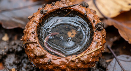 Close-up of a water-filled acorn cup with a worm inside, surrounded by leaves and dirt.