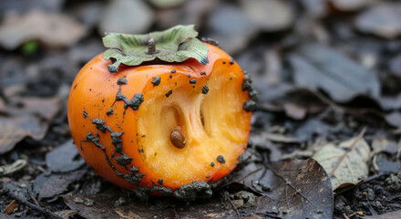 Close-up of a partially eaten persimmon fruit on the forest floor, showing the inside.