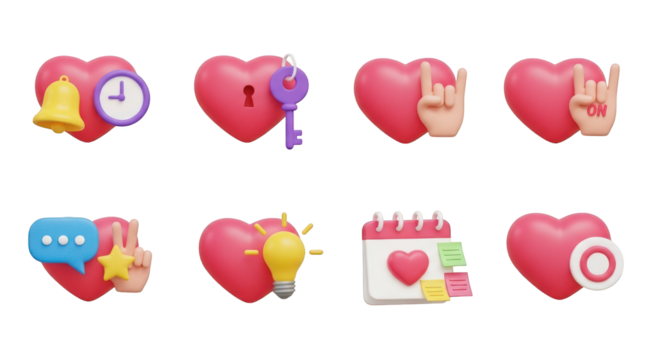 Pink hearts with various icons and symbols isolated on a transparent background love