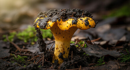 A vibrant yellow chanterelle mushroom emerges from the dark forest soil, its cap speckled with rich earth, bathed in soft natural light.