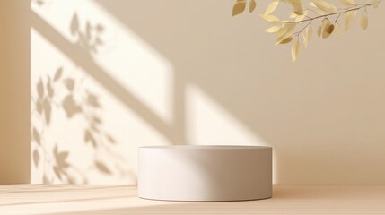 Plain beige background with soft sunlight casting leaf shadows, empty podium in center, natural minimal look