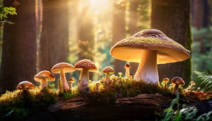 Whimsical Portrayal Of A Fairy Tale Mushroom Ring In A Sunlit Forest Creating A Magical Invitation Into Enchanted Realms