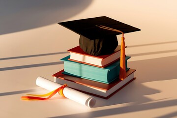 A graduation cap and diploma floating above a stack of books on an isolated white background