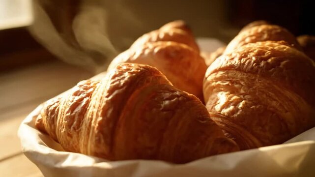 Delicious croissants fresh baked pastries in basket food photography breakfast bakery tasty treat golden brown video 4k