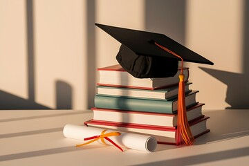 A graduation cap and diploma floating above a stack of books on an isolated white background